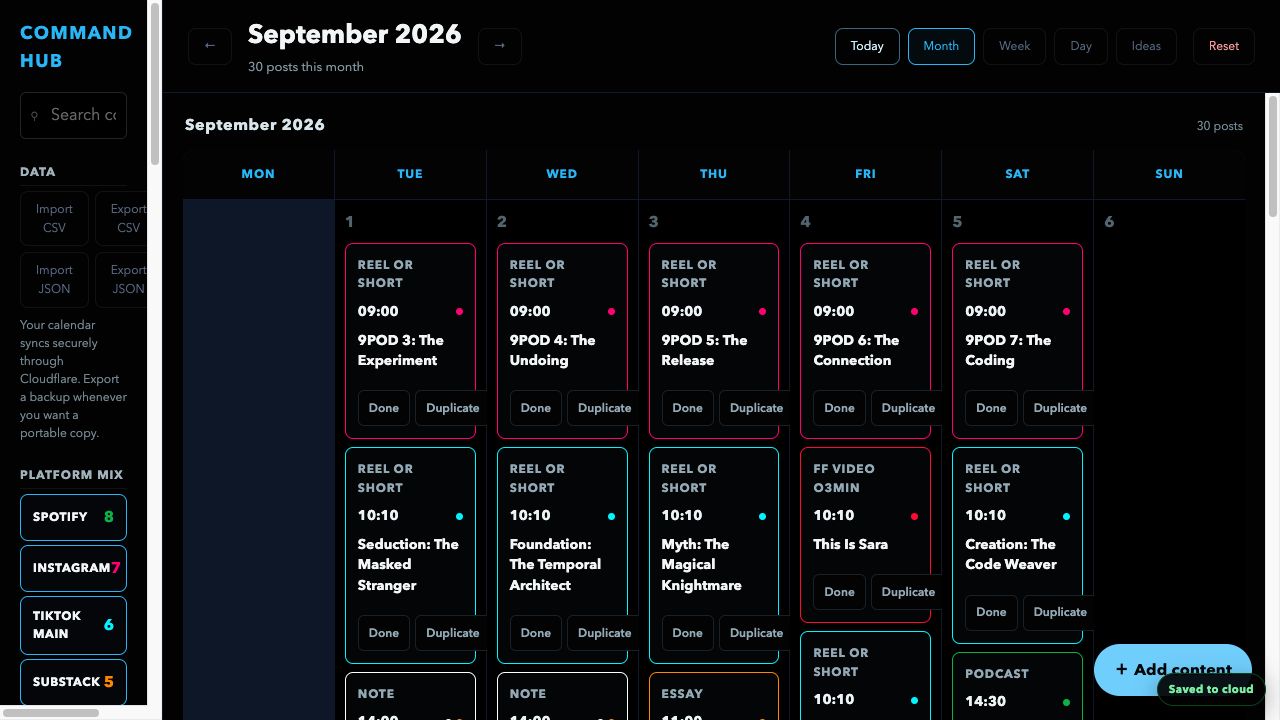 Social Command Hub calendar workspace and planning tool