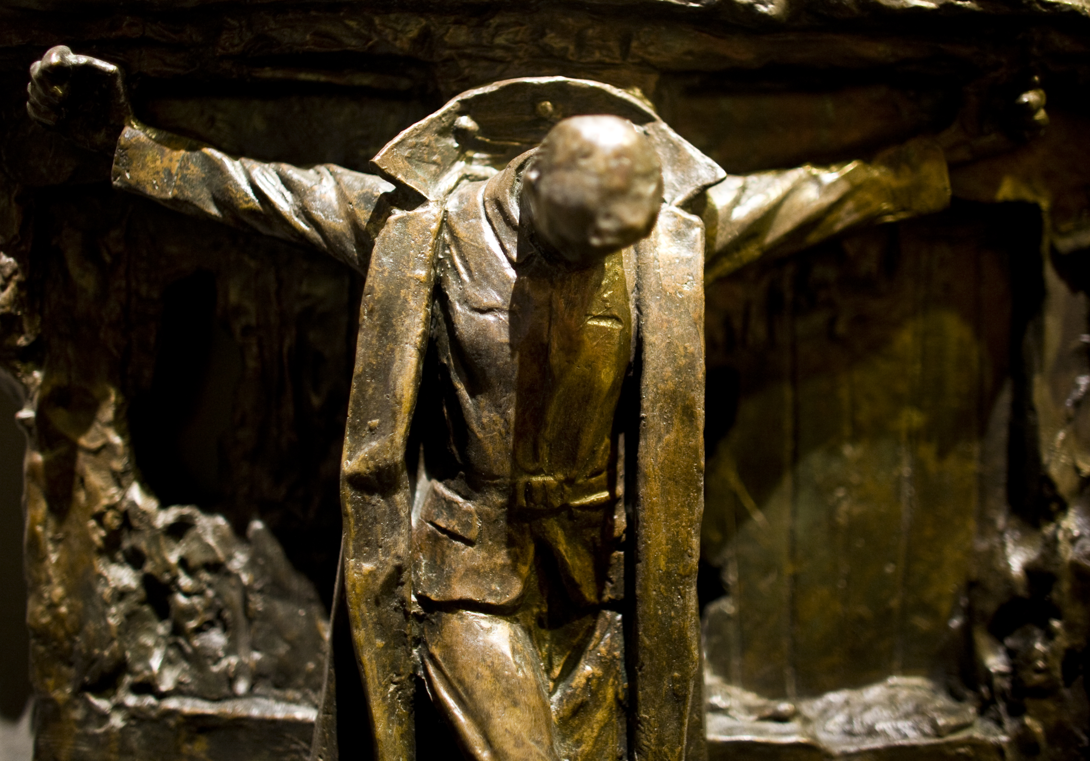 Canada’s Golgotha sculpture by Francis Derwent Wood depicting a crucified Canadian soldier, reflecting World War I atrocity propaganda and wartime myth.
