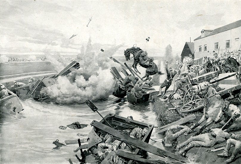 Illustration of the 1914 Battle of Mons showing British troops retreating under heavy fire along the canal, associated with the later Angels of Mons legend.