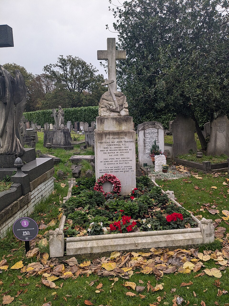 Grave of Jack Cornwell VC at Manor Park Cemetery in London, England, honoring the sixteen-year-old Royal Navy sailor who was posthumously awarded the Victoria Cross after the Battle of Jutland. Grave of Jack Cornwell VC at Manor Park Cemetery in London, England, honoring the sixteen-year-old Royal Navy sailor who was posthumously awarded the Victoria Cross after the Battle of Jutland.
