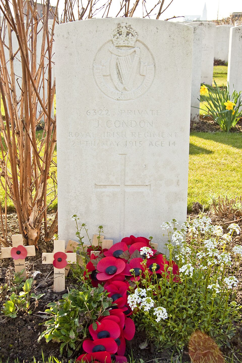 Headstone of Private John Condon at Poelcapelle British Cemetery in Belgium, commemorating the young Royal Irish Regiment soldier long believed to have been the youngest Allied serviceman killed during the First World War. Headstone of Private John Condon at Poelcapelle British Cemetery in Belgium, commemorating the young Royal Irish Regiment soldier long believed to have been the youngest Allied serviceman killed during the First World War.