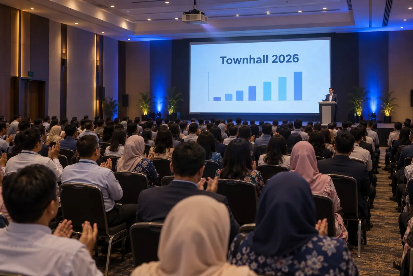 Corporate hall with a projected presentation