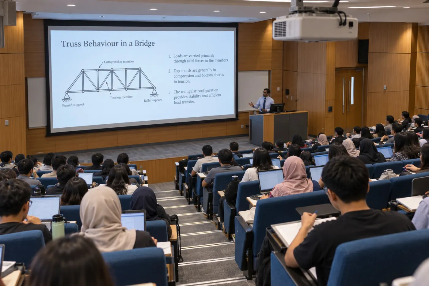 Tiered lecture theatre with a ceiling-mounted projector