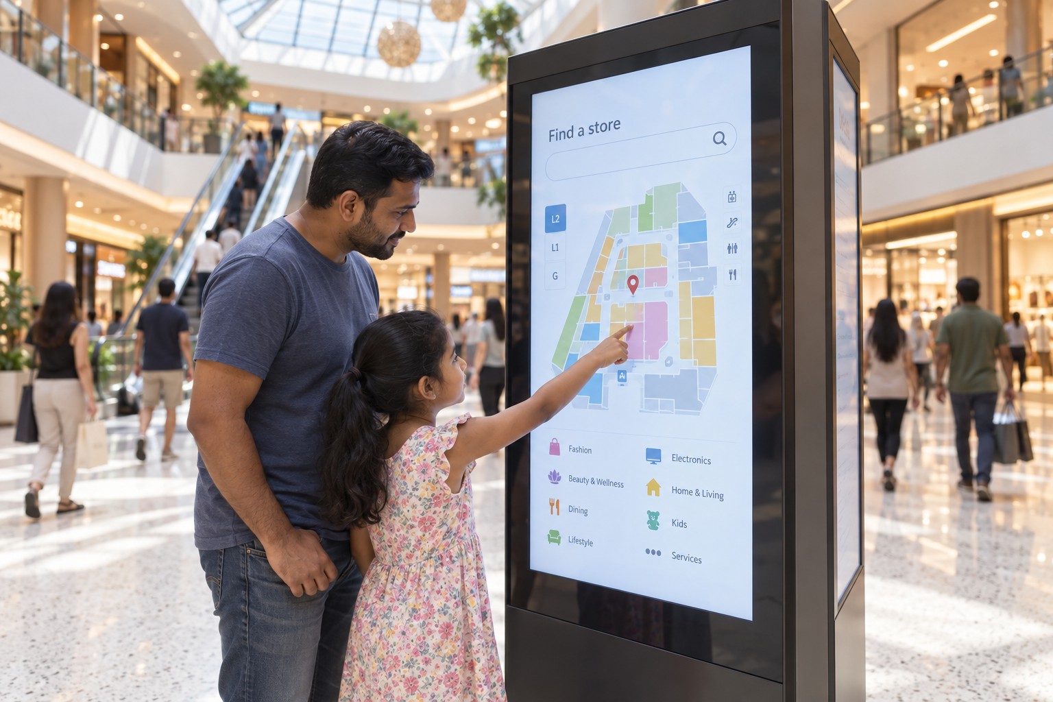 Mall directory kiosk in a shopping mall atrium