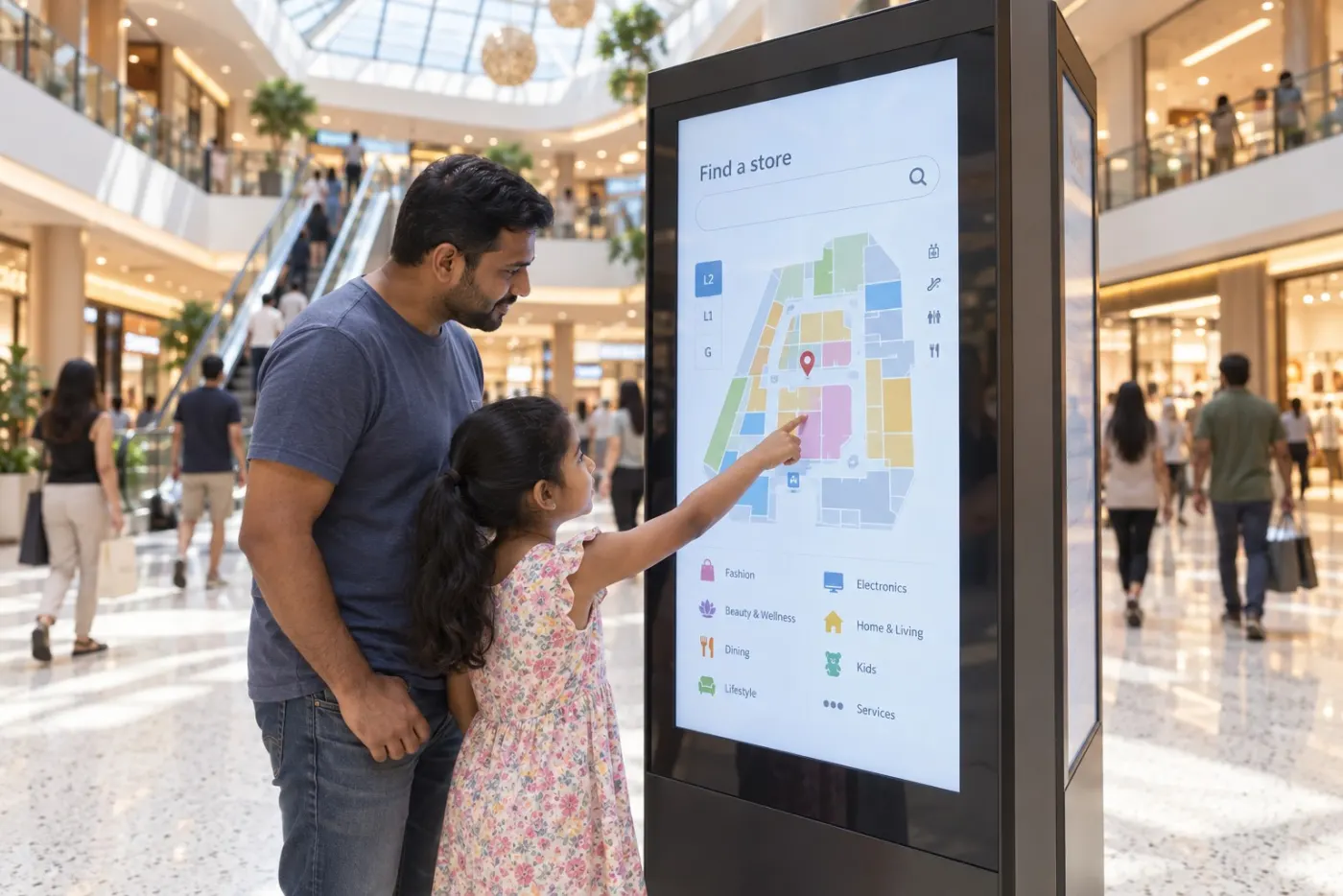 Mall directory kiosk in a shopping mall atrium