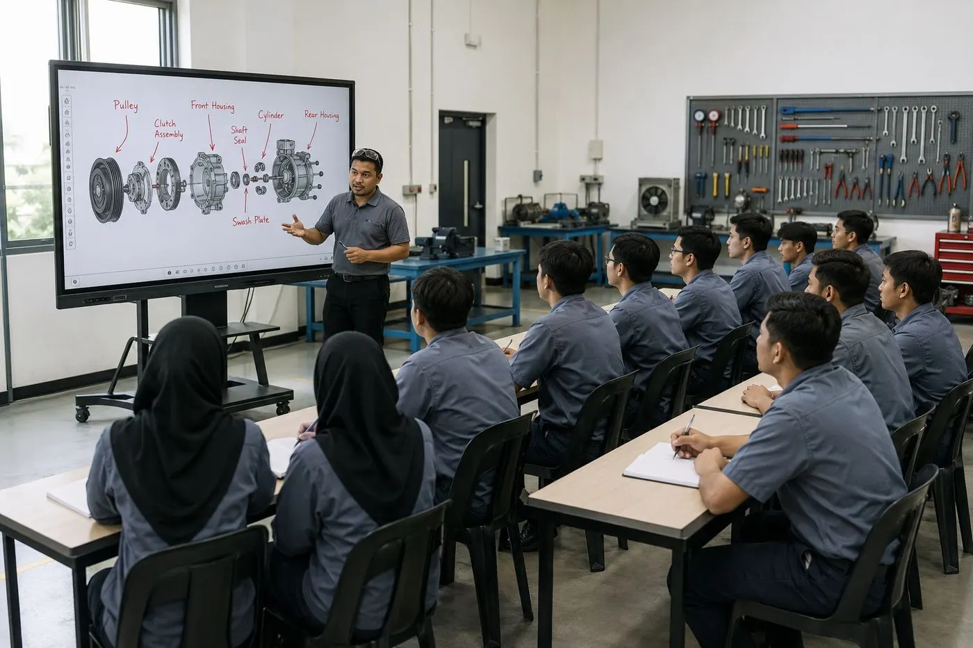 Training centre class in front of an interactive panel