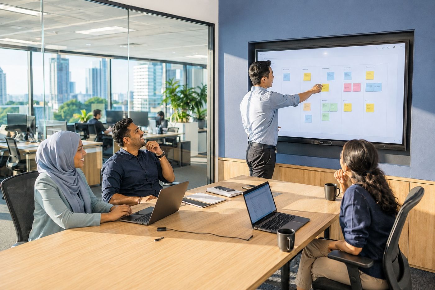 Corporate office team working on an interactive panel
