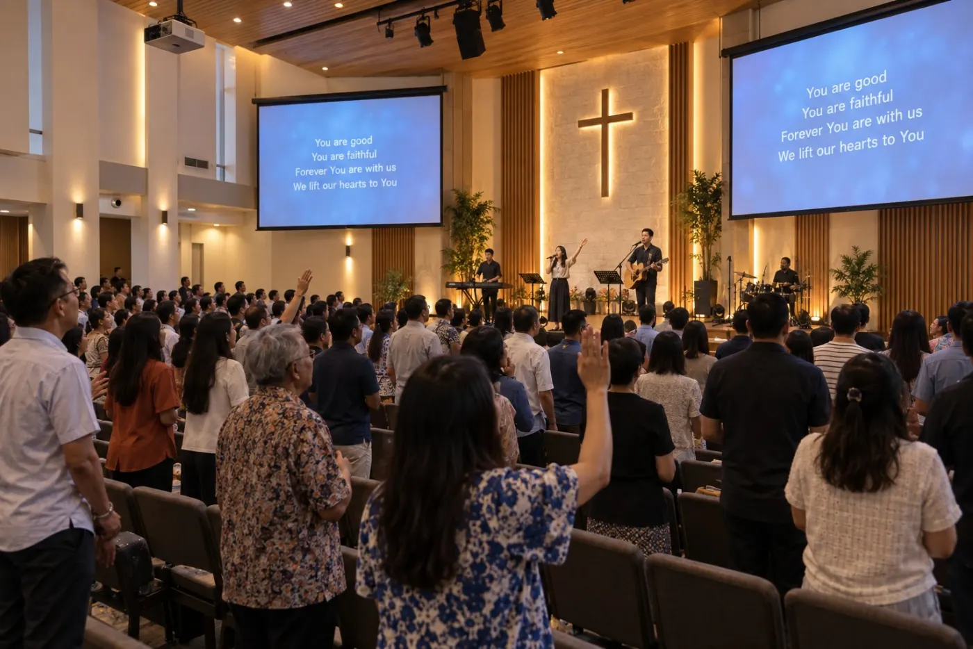 Church hall with lyrics on two projection screens