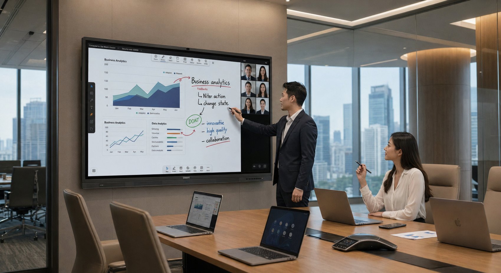 Manager annotating a chart on an interactive flat panel during a Teams call