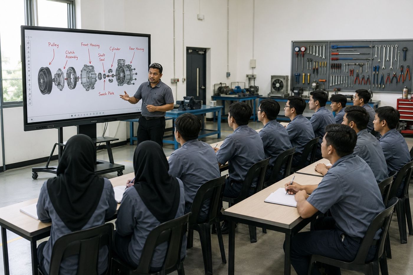 Training centre class in front of an interactive panel