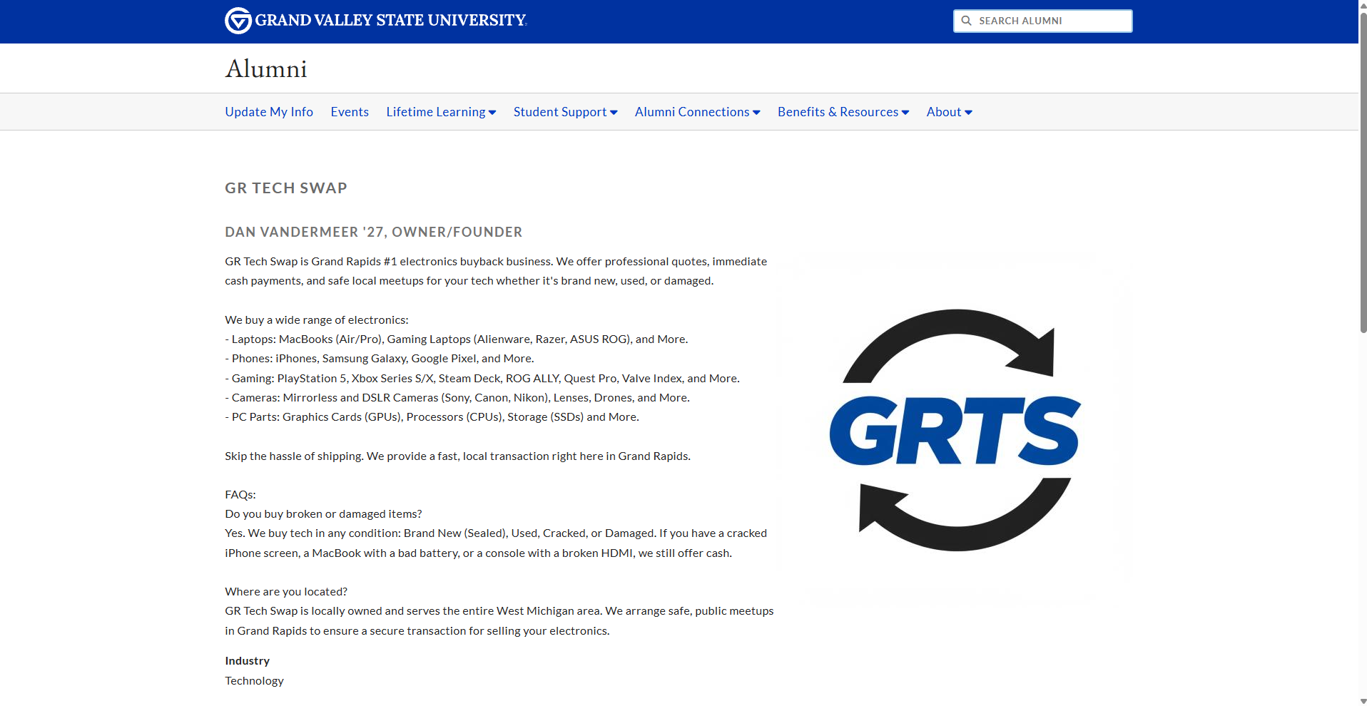 GR Tech Swap listed on GVSU Alumni-Owned Business Page directory