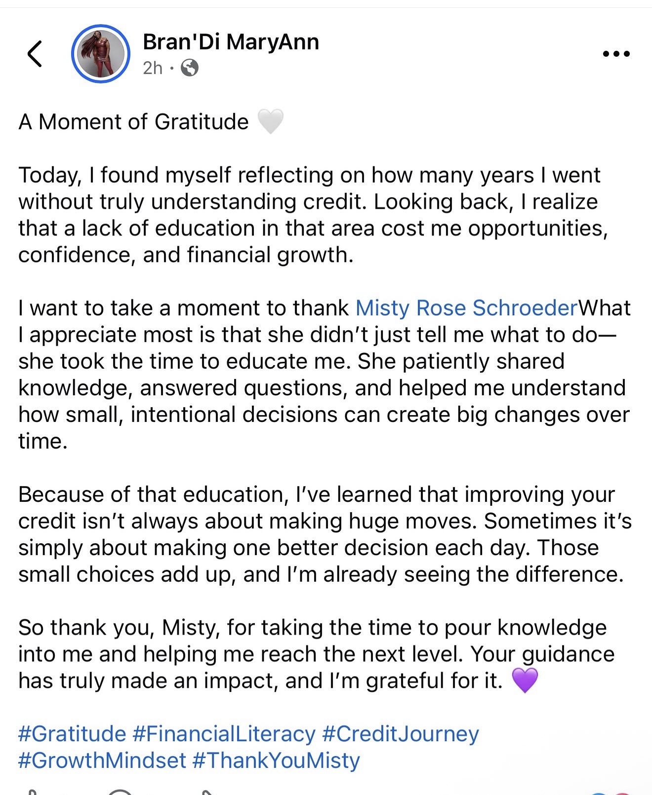 Client testimonial for Misty Rose Schroeder