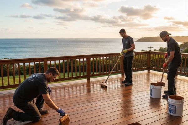 Crew staining a wooden deck overlooking the ocean at sunset Crew staining a wooden deck overlooking the ocean at sunset