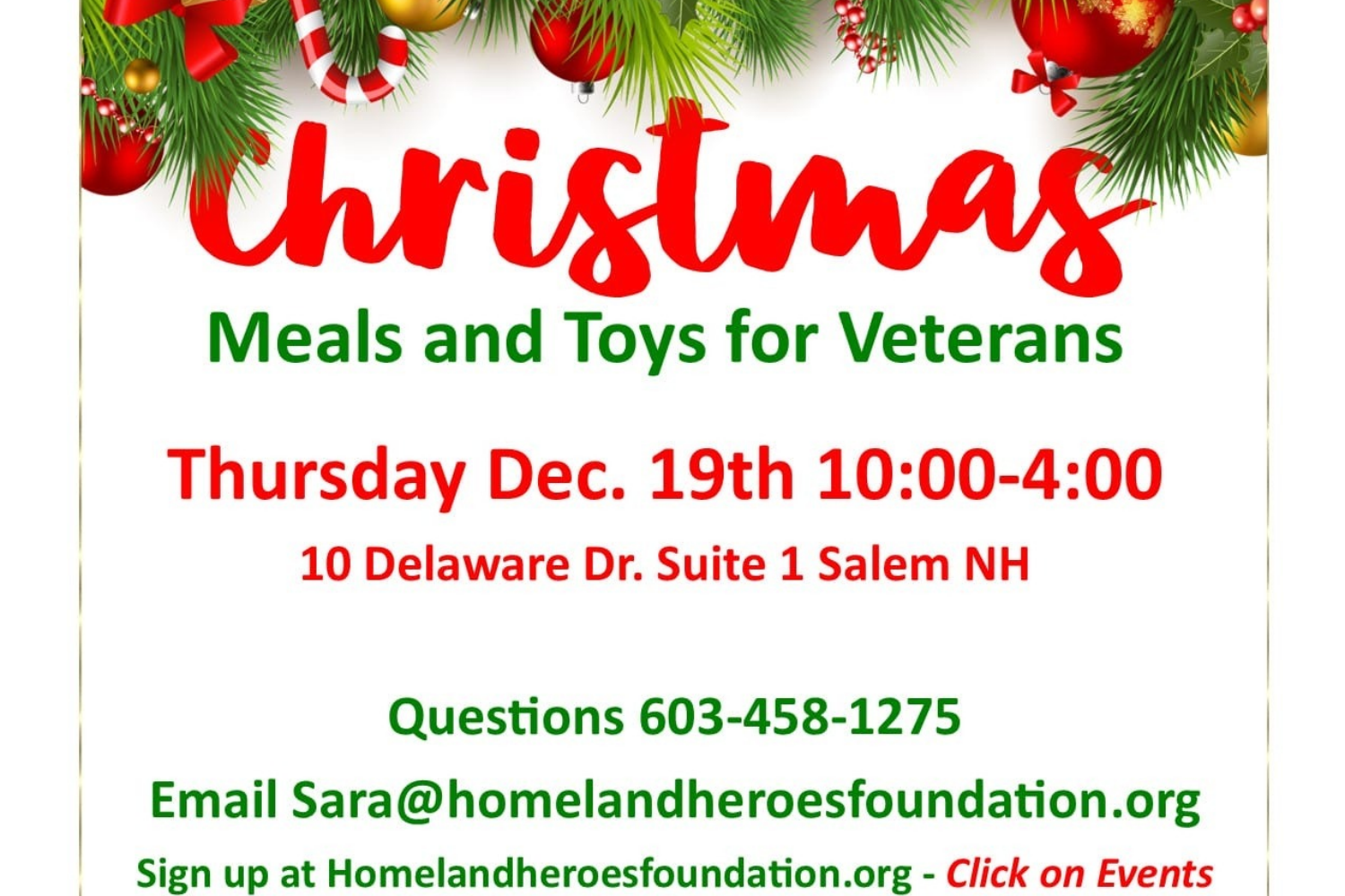 Christmas Meals and Toys for Veterans event with Homeland Heroes Foundation.