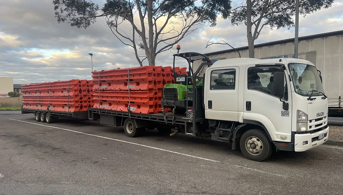 Water filled barriers placed along a Melbourne civil works site