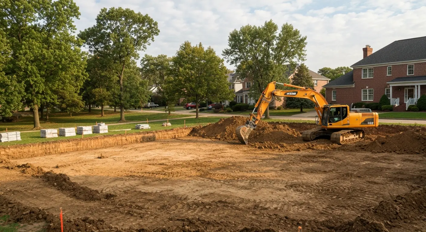 Excavation equipment at residential lot
