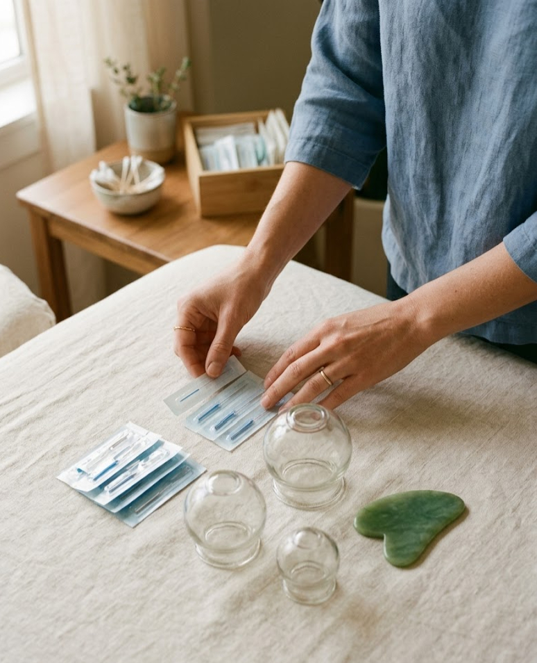A practitioner laying out acupuncture needles, cupping vessels and a gua sha tool before a treatment