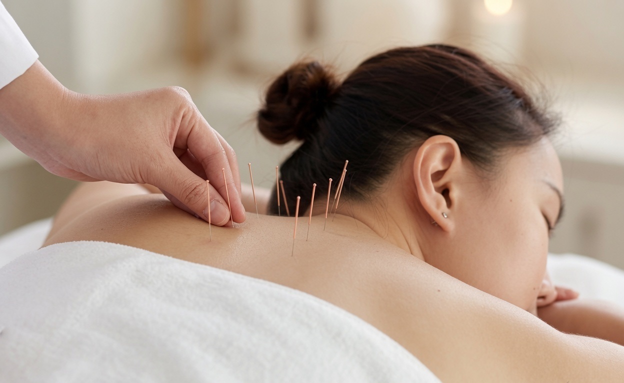 Close-up of thin, sterile acupuncture needles placed along a client's shoulder