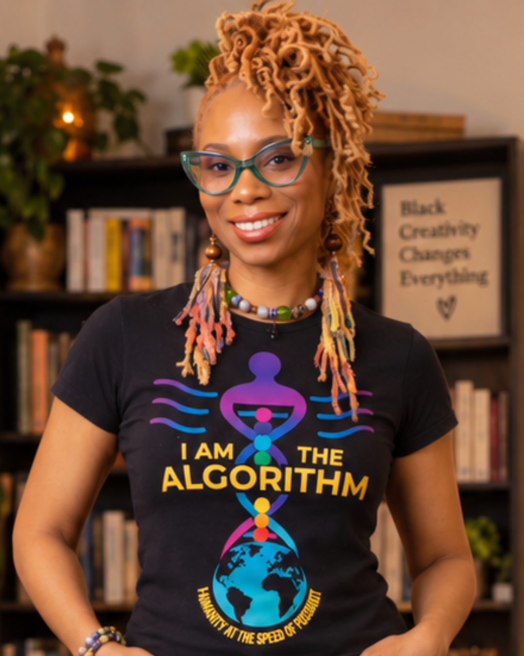 Kenda Bell wearing I Am the Algorithm graphic shirt