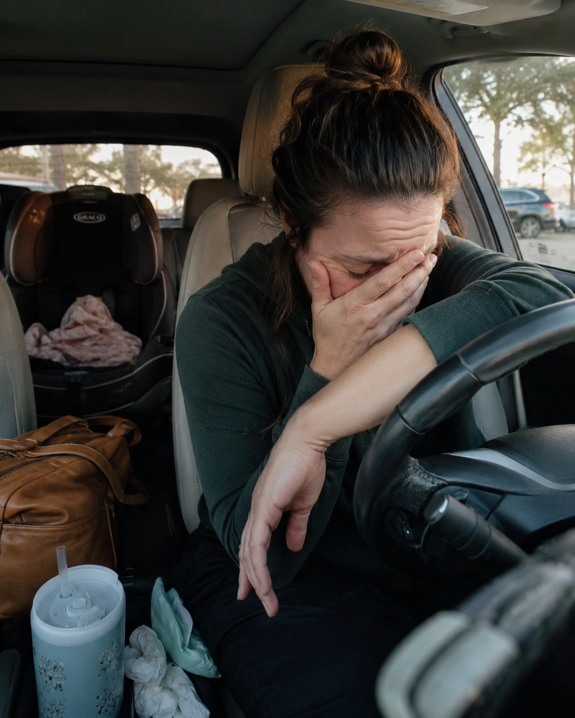 Mother sitting in car after an emotional school meeting