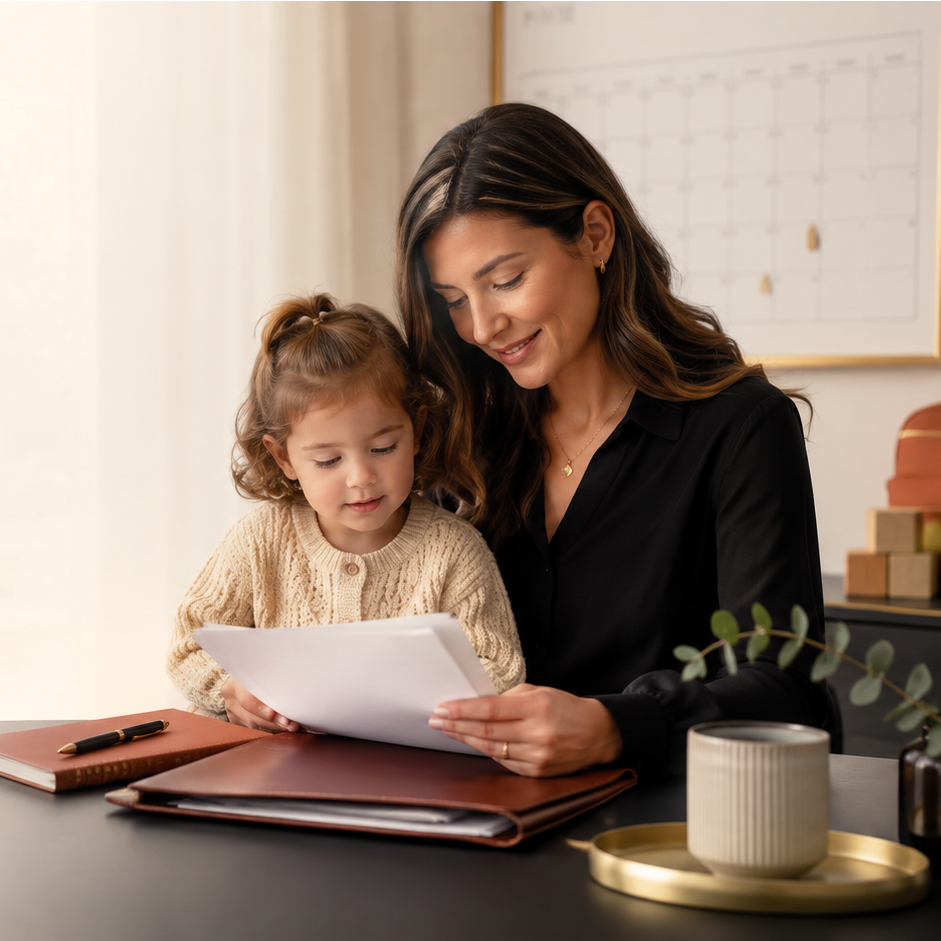 Parent reviewing Early Intervention transition paperwork with young child
