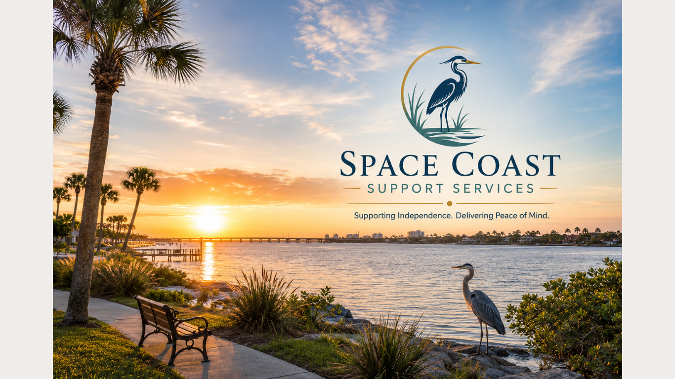 Space Coast waterfront at sunset with the Space Coast Support Services logo