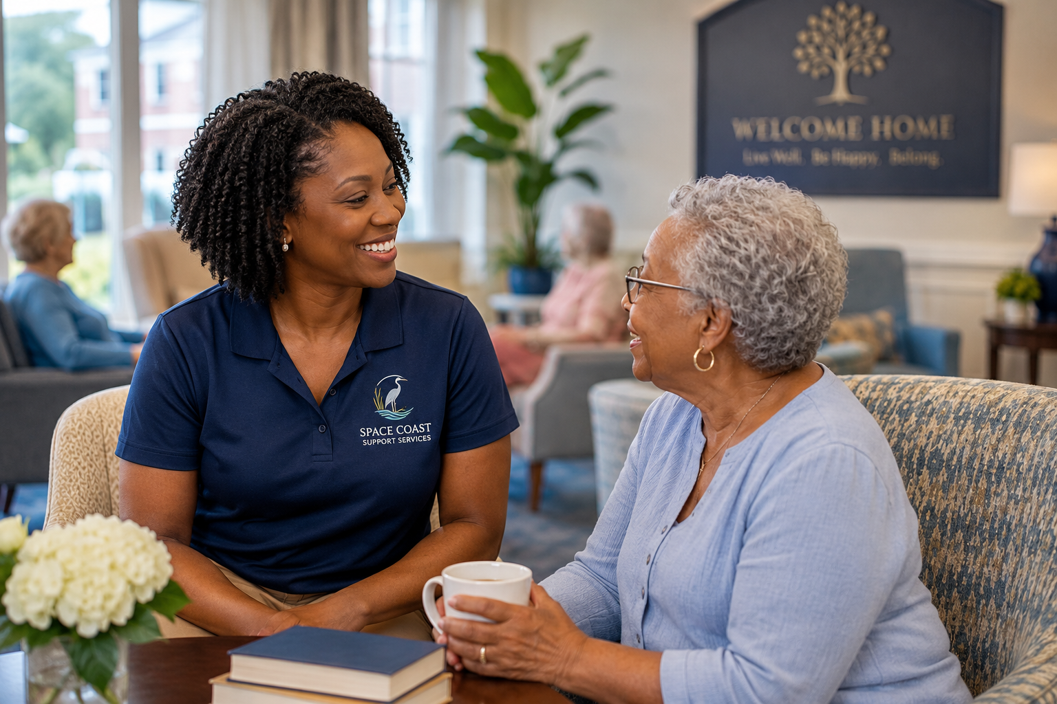A Space Coast Support Services companion sharing a friendly visit with an older adult in a residential community