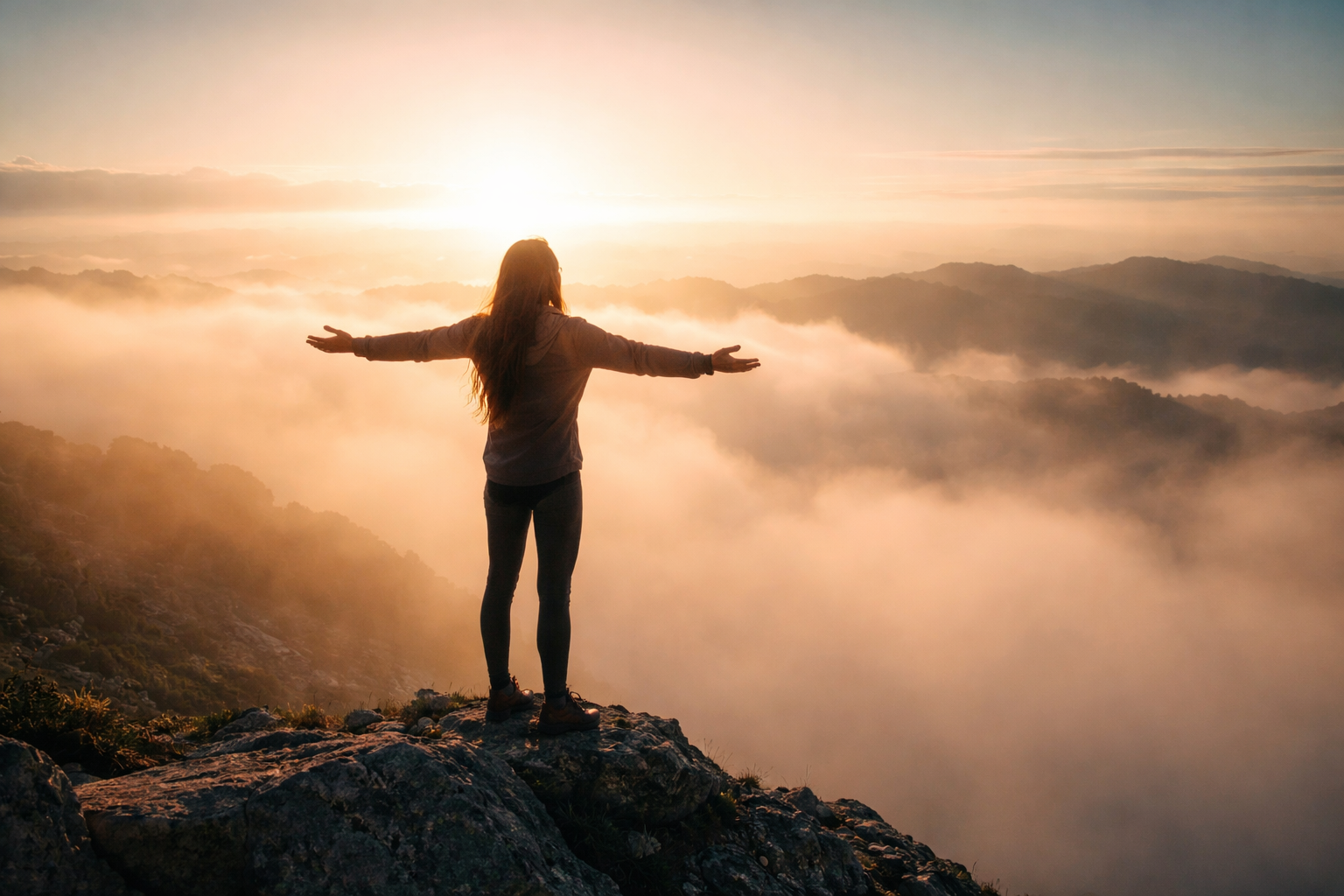 a woman stands open-armed gazing across an incredible view at sunrise.