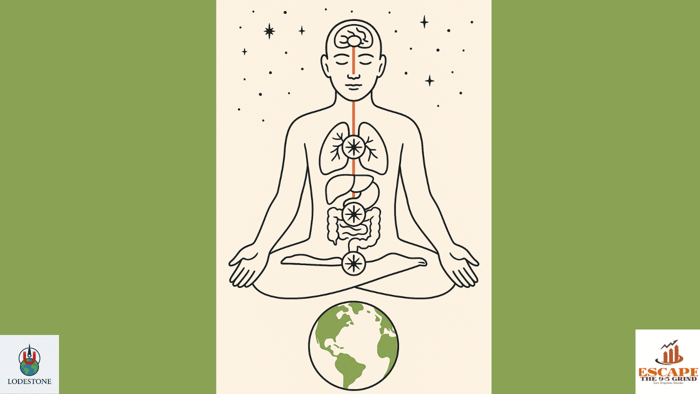 a human diagram sits cross-legged deeply meditating and breathing. The basic anatomy of the human body is showing. 