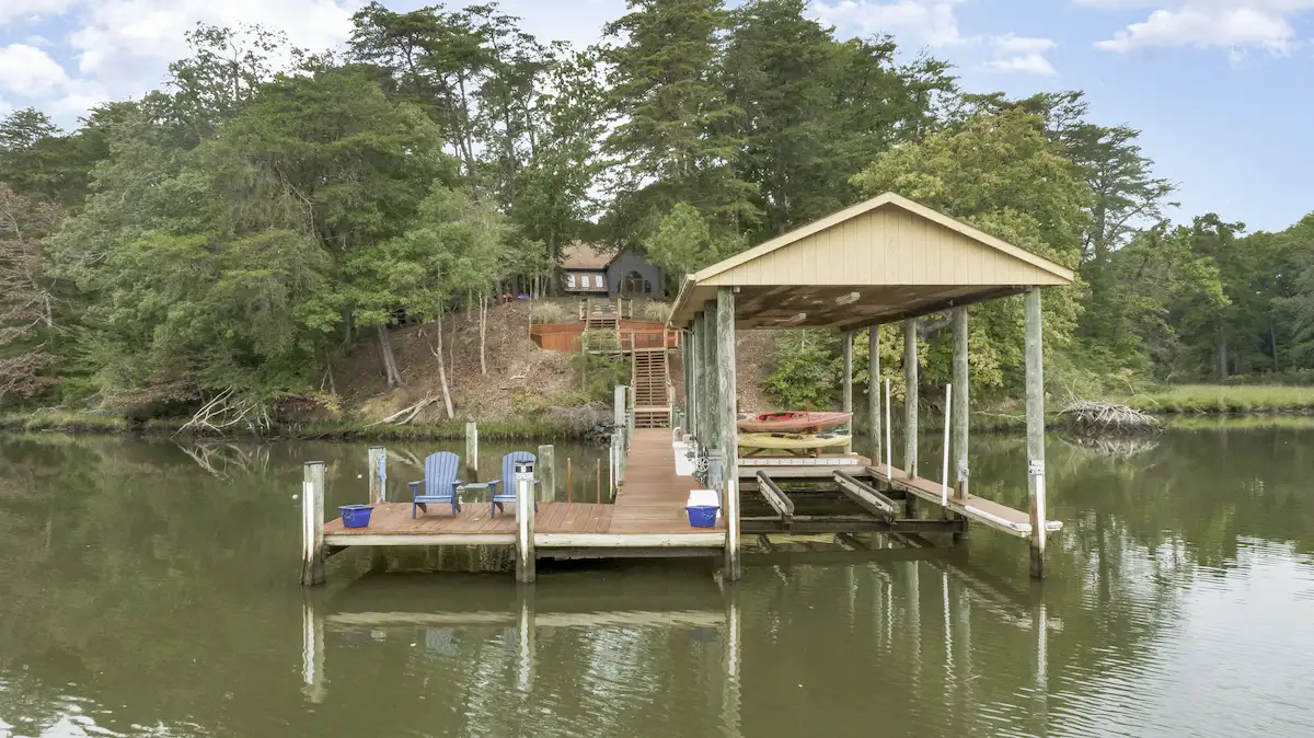 Private pier with boat lift at a Southern Maryland waterfront home