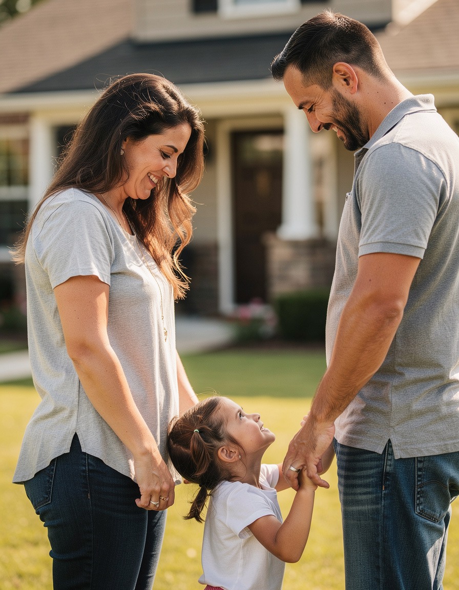 A family standing together in front of their home