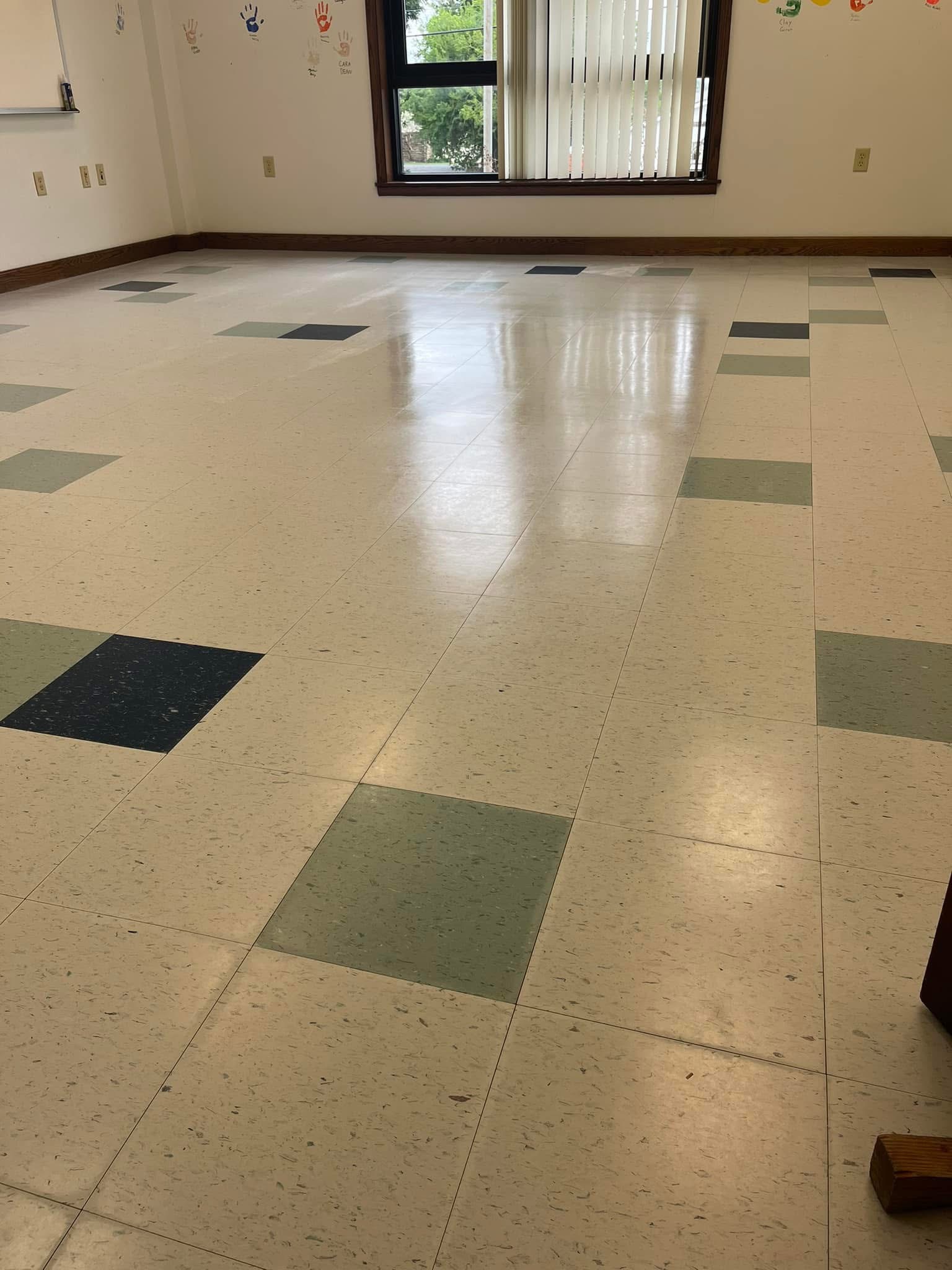 Commercial floor before stripping and waxing in Southwest Louisiana
