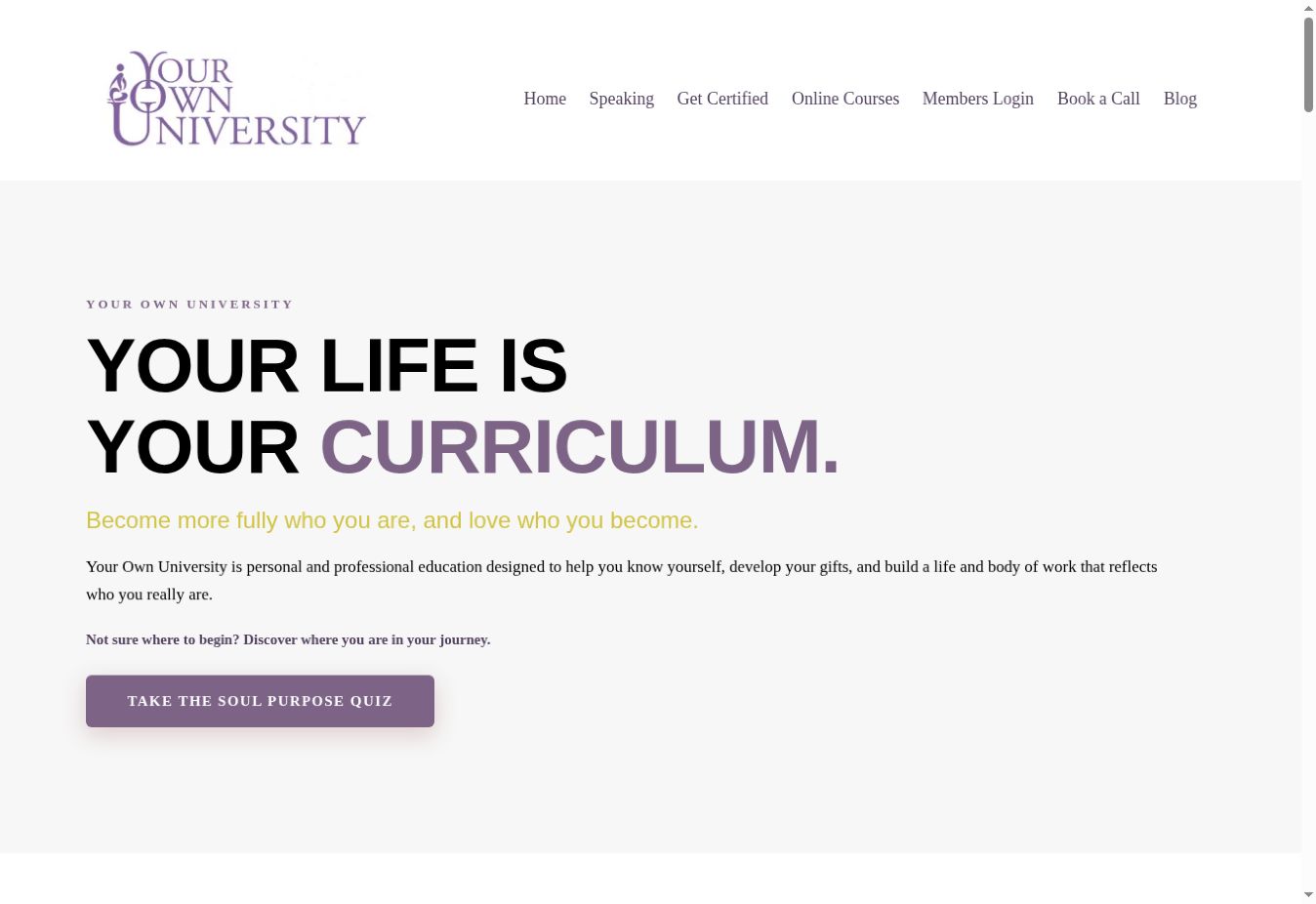 Your Own University homepage showing Your Life Is Your Curriculum and the Soul Purpose Quiz