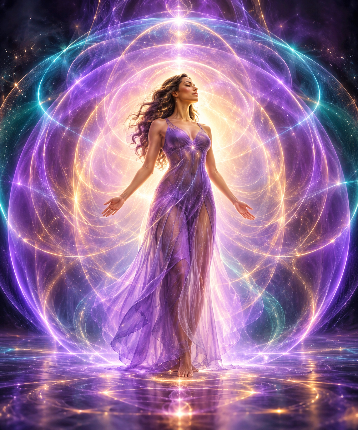Ethereal woman surrounded by a cosmic energy field representing the Vibe or Etheric Power Zone