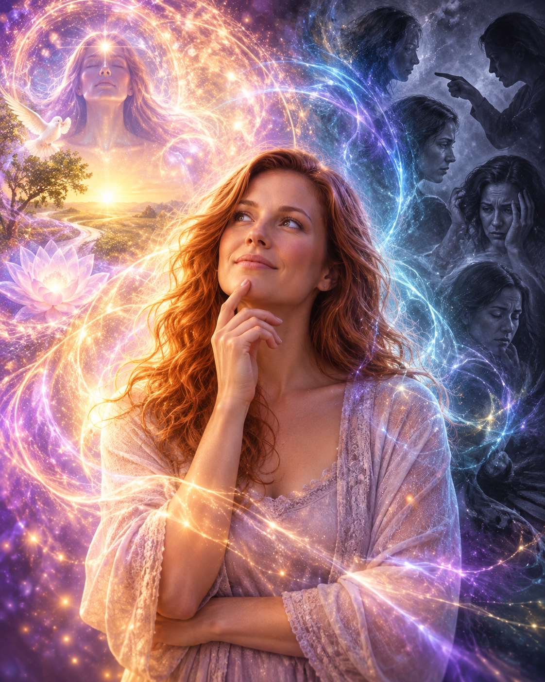 Woman standing amid light and shadow representing intuition, conditioning, and discernment