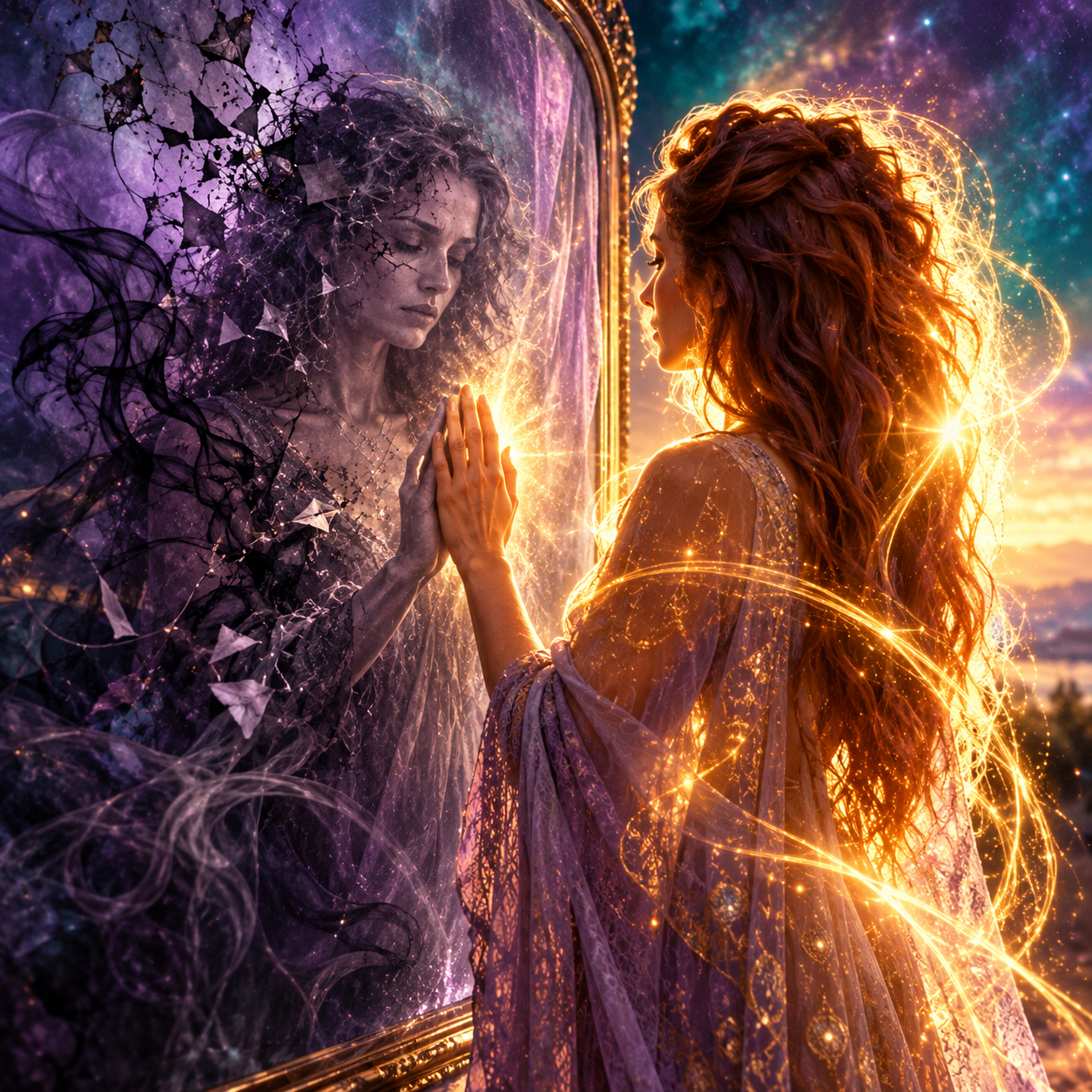 Woman meeting her radiant past self representing the Soul and old programming