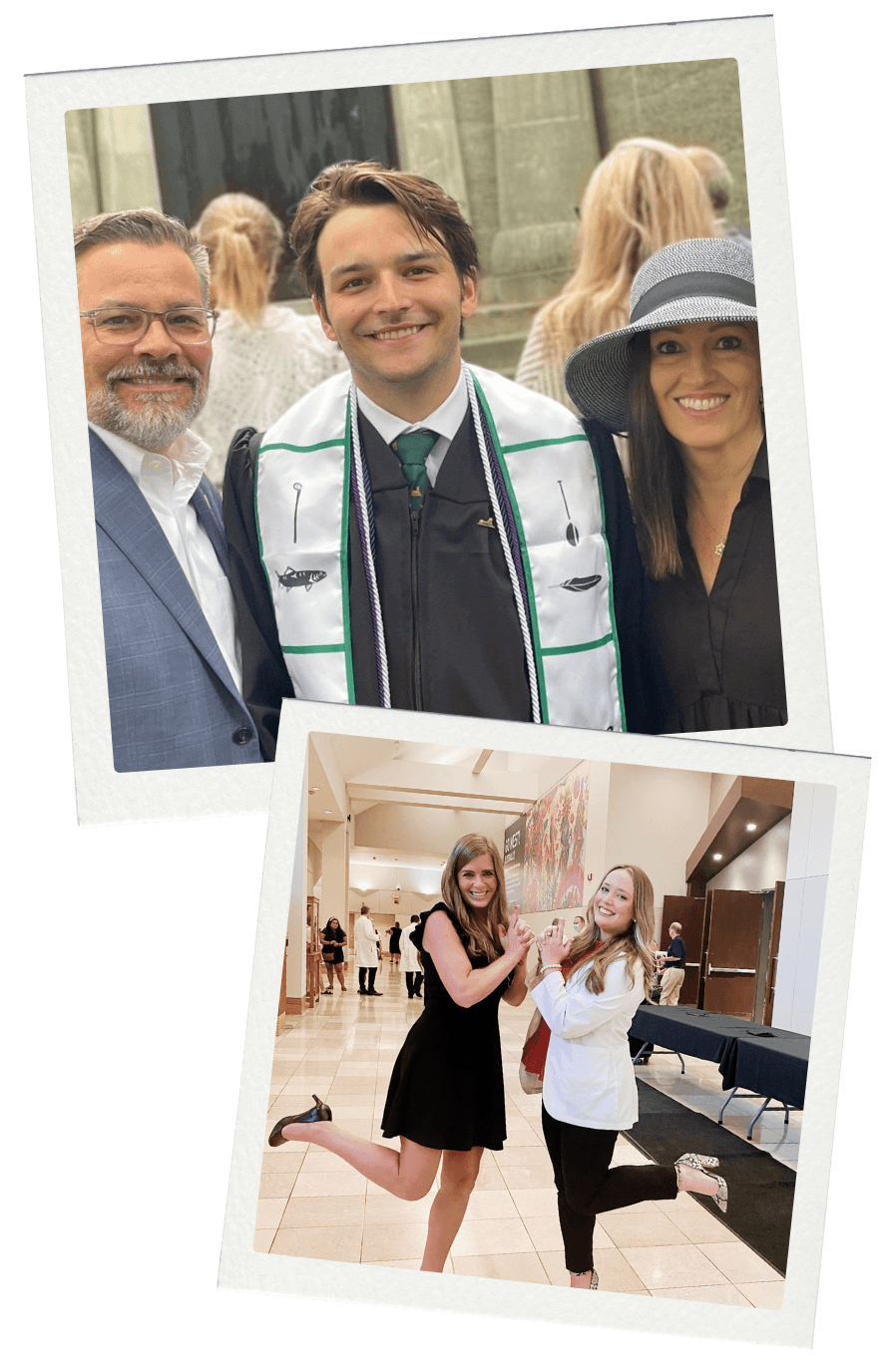 Top photo: Male student with parents on graduation day.