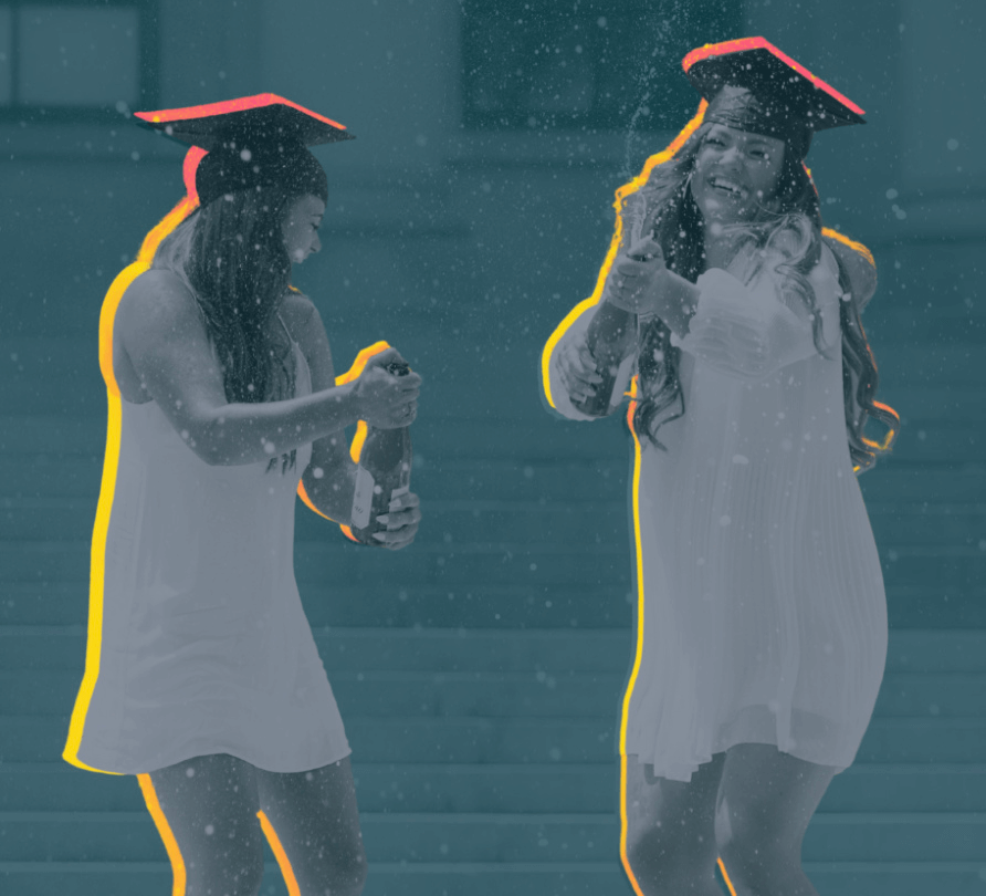 Students celebrating graduation with champagne