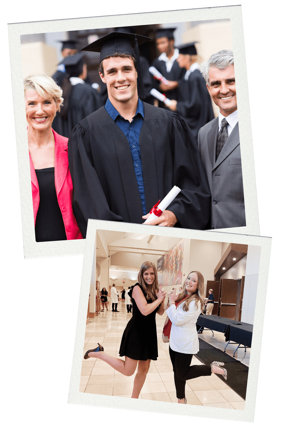 Top photo: Male student with parents on graduation day.