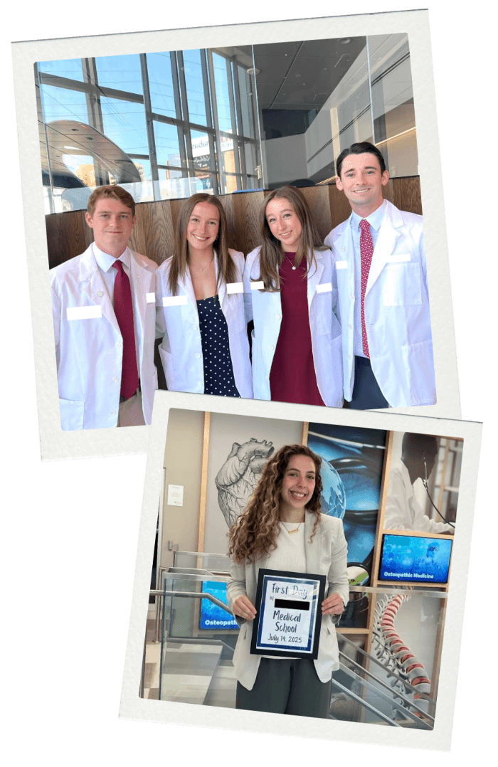 Top photo: Four new medical students in white coats. Bottom photo: New medical student wearing a white coat and holding a 'first day in medical school' certificate in her hands