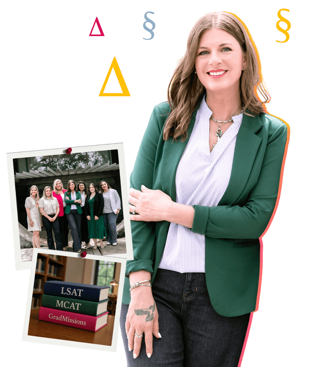 Autumn Raines Lockett, admissions coach, posing with LSAT, MCAT, and Gradmissions study books