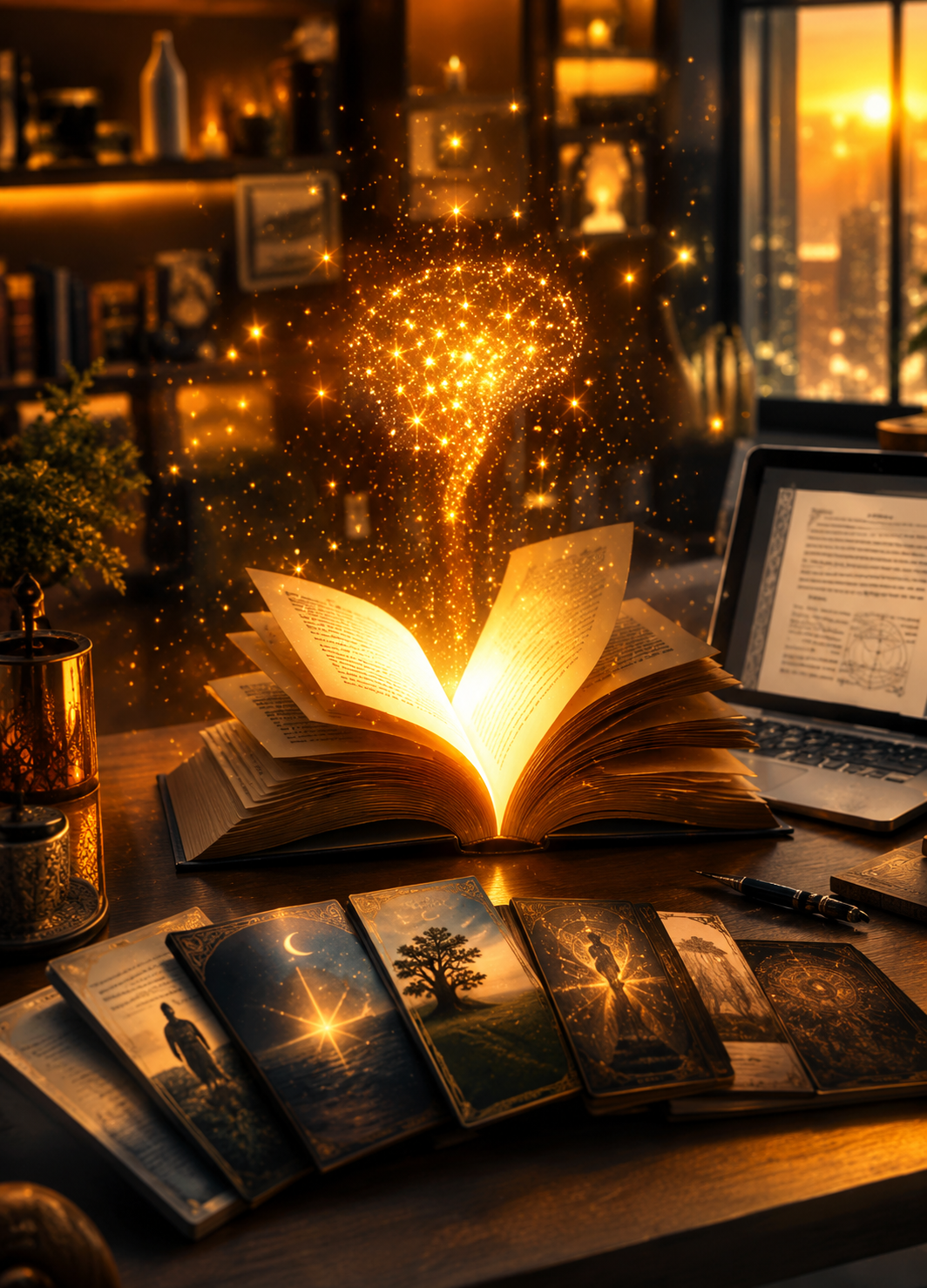 AI-Powered Book Writing and Publishing - Glowing Open Book with AI Elements and Published Books