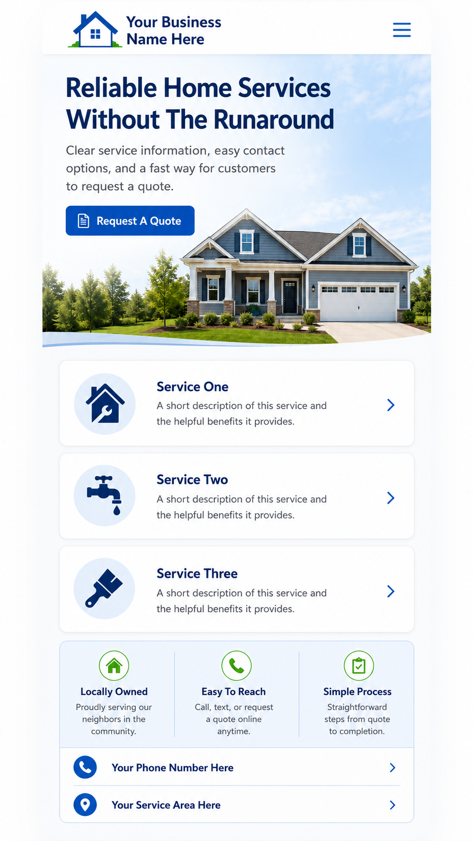 Example mobile view of a simple local business website with clear contact options