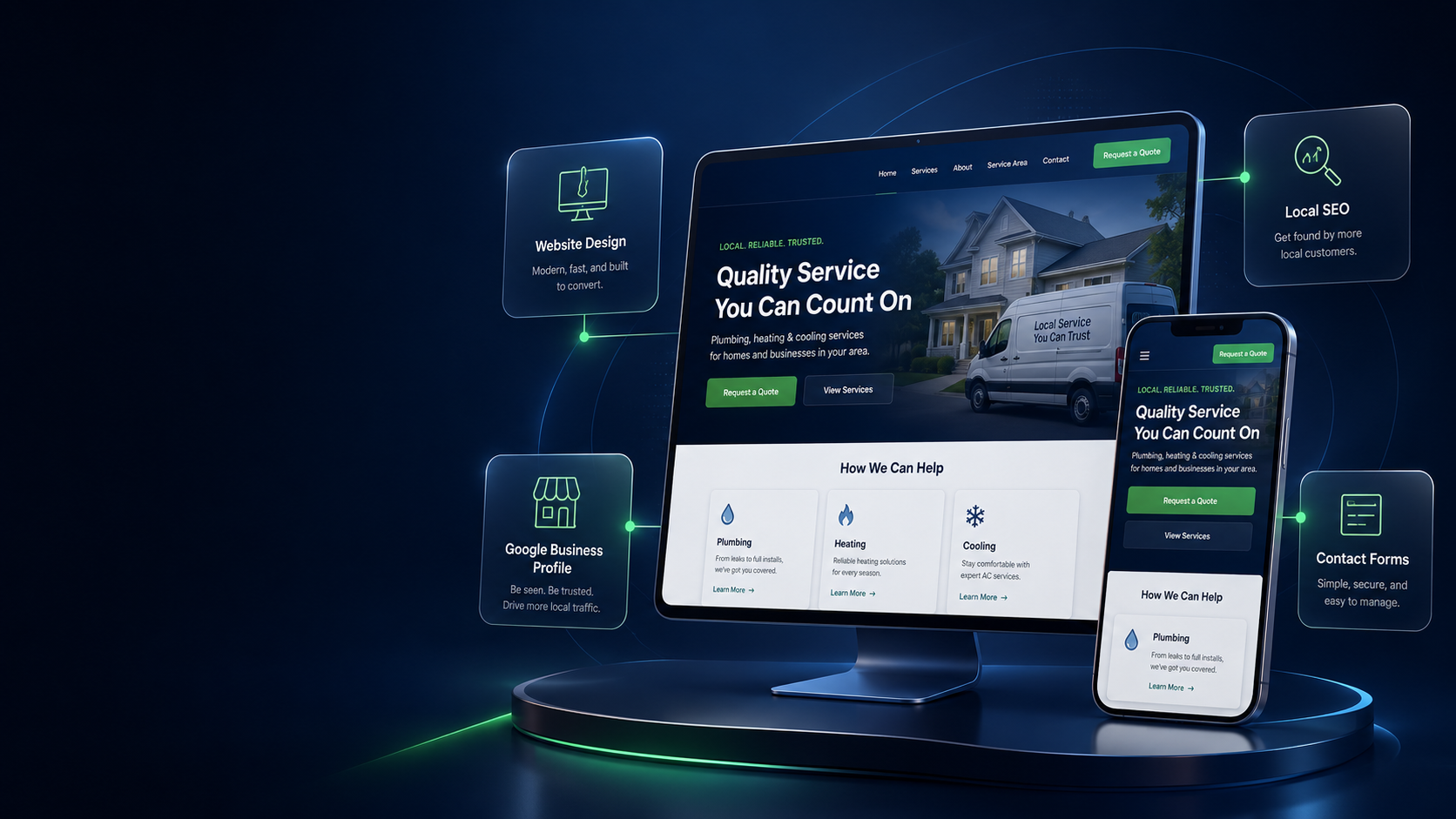 Small business website design mockup showing desktop and mobile website layouts