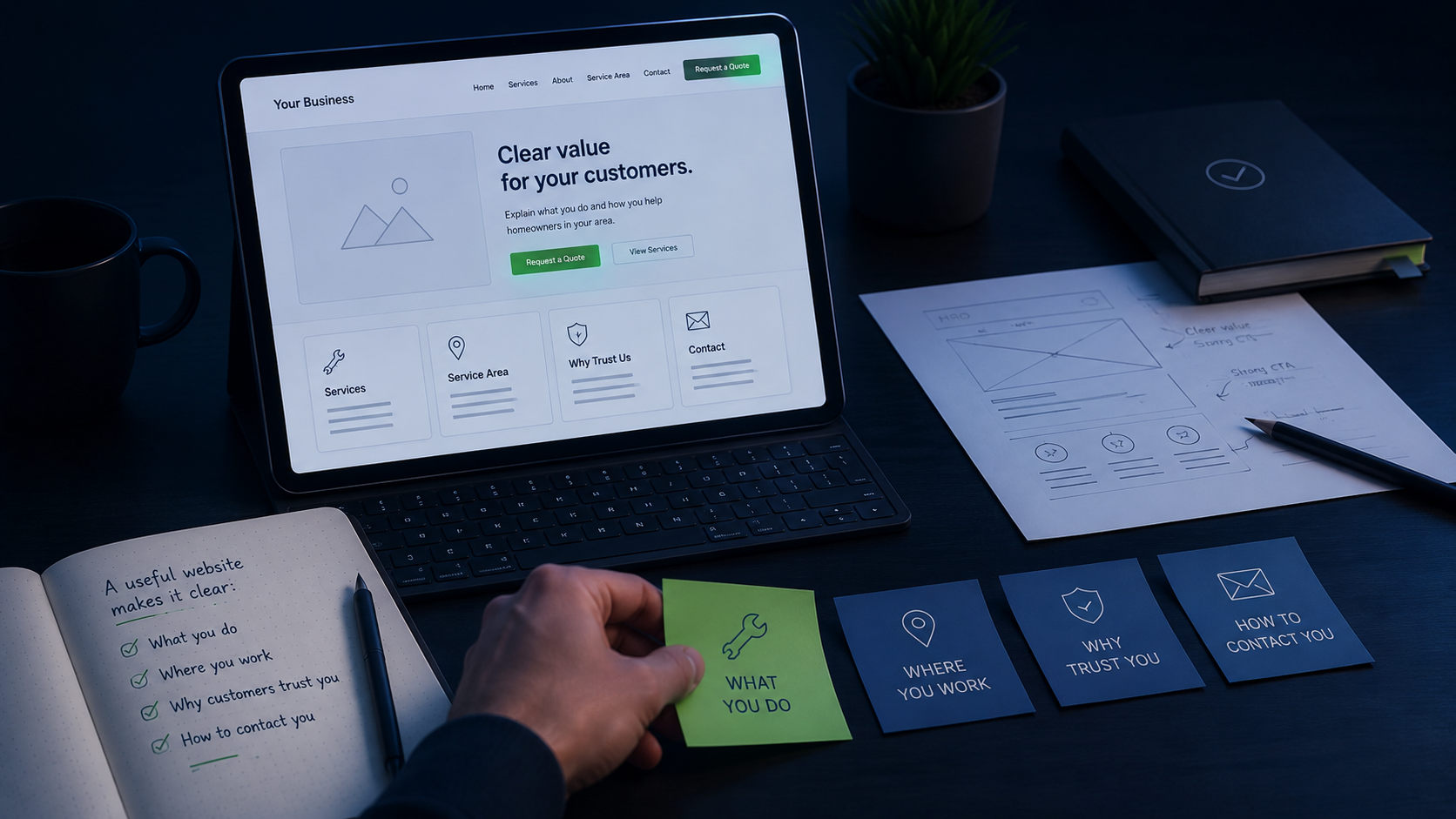 Website planning workspace showing services, service area, trust details, and contact options for a small business website