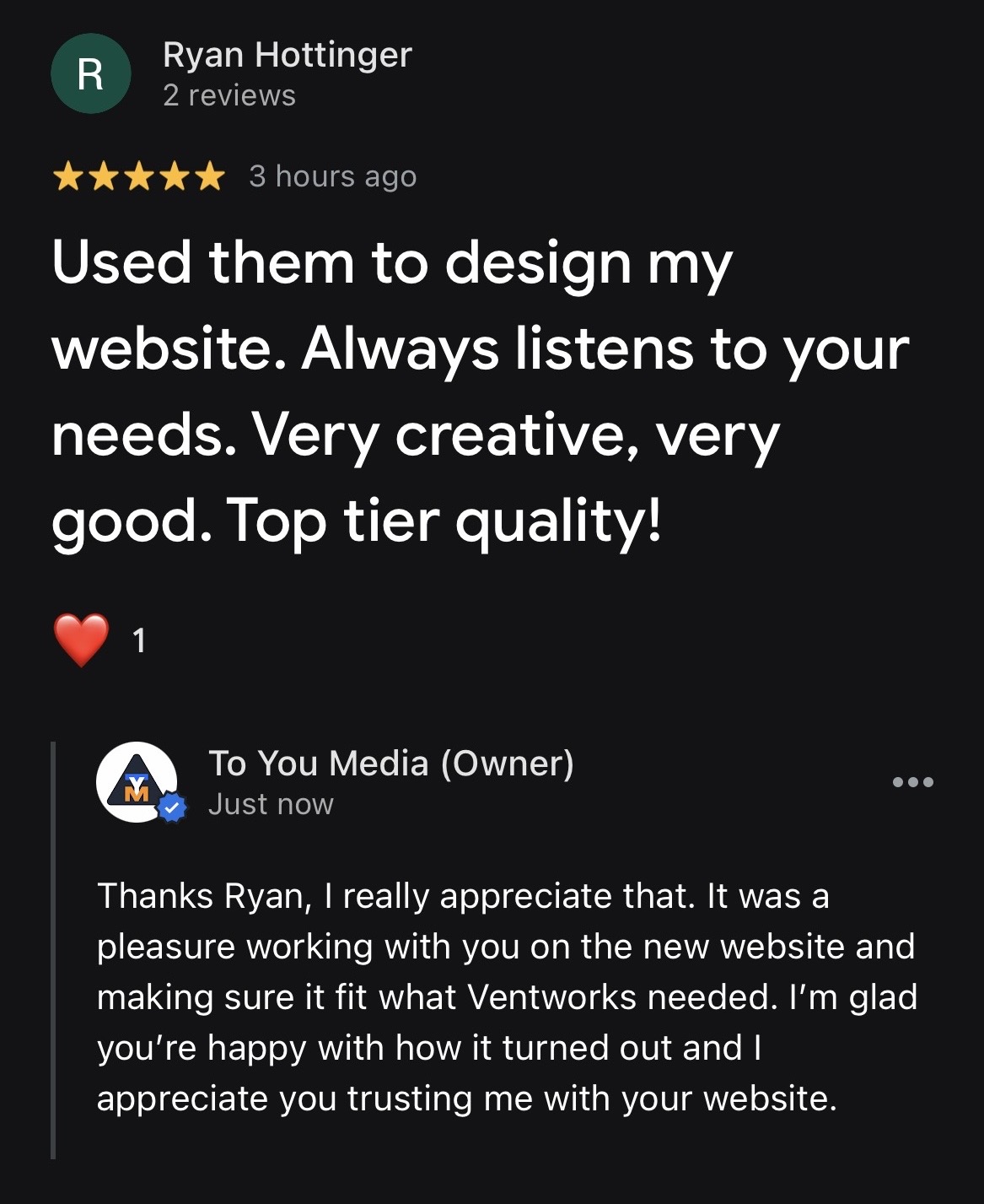 Five-star Google review from Ryan Hottinger for To You Media with the owner's reply.