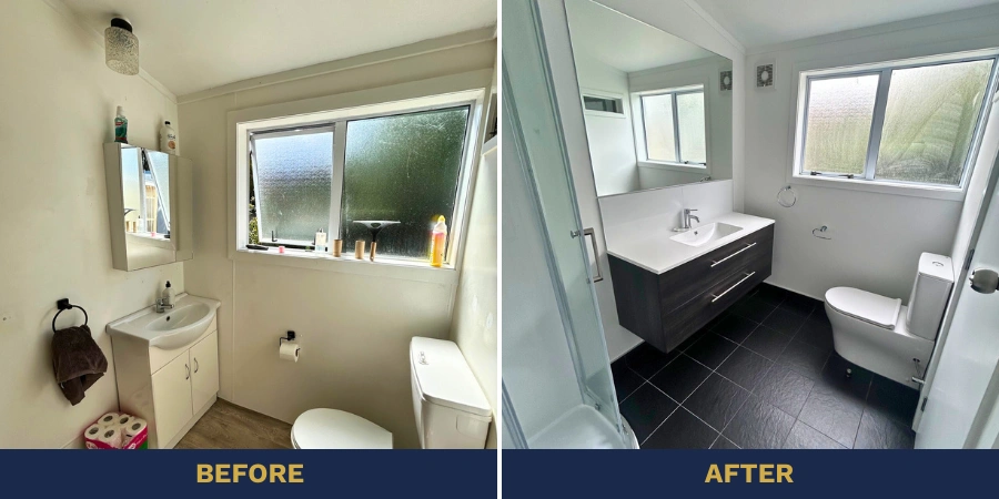 Modern bathroom renovation in Whanganui with tiled floors and glass shower