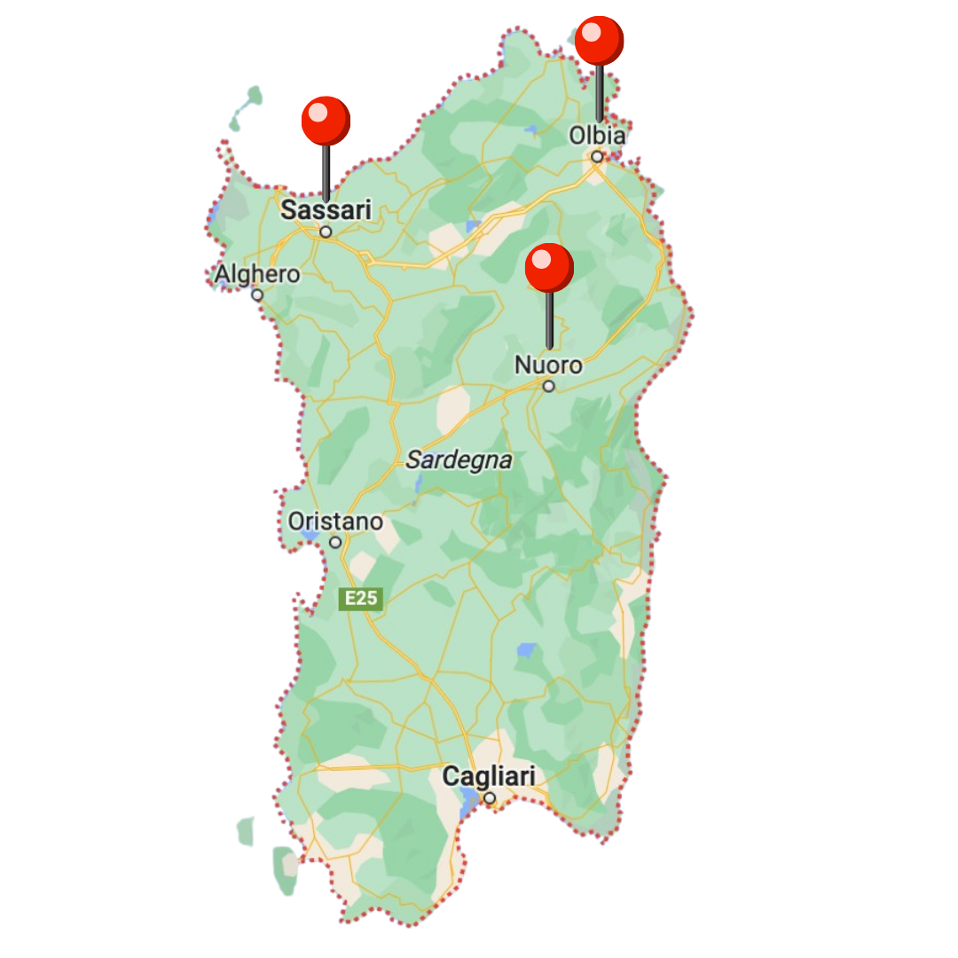 Mappa Nord Sardegna — sedi del Dott. Capitoli a Olbia, Sassari, Nuoro