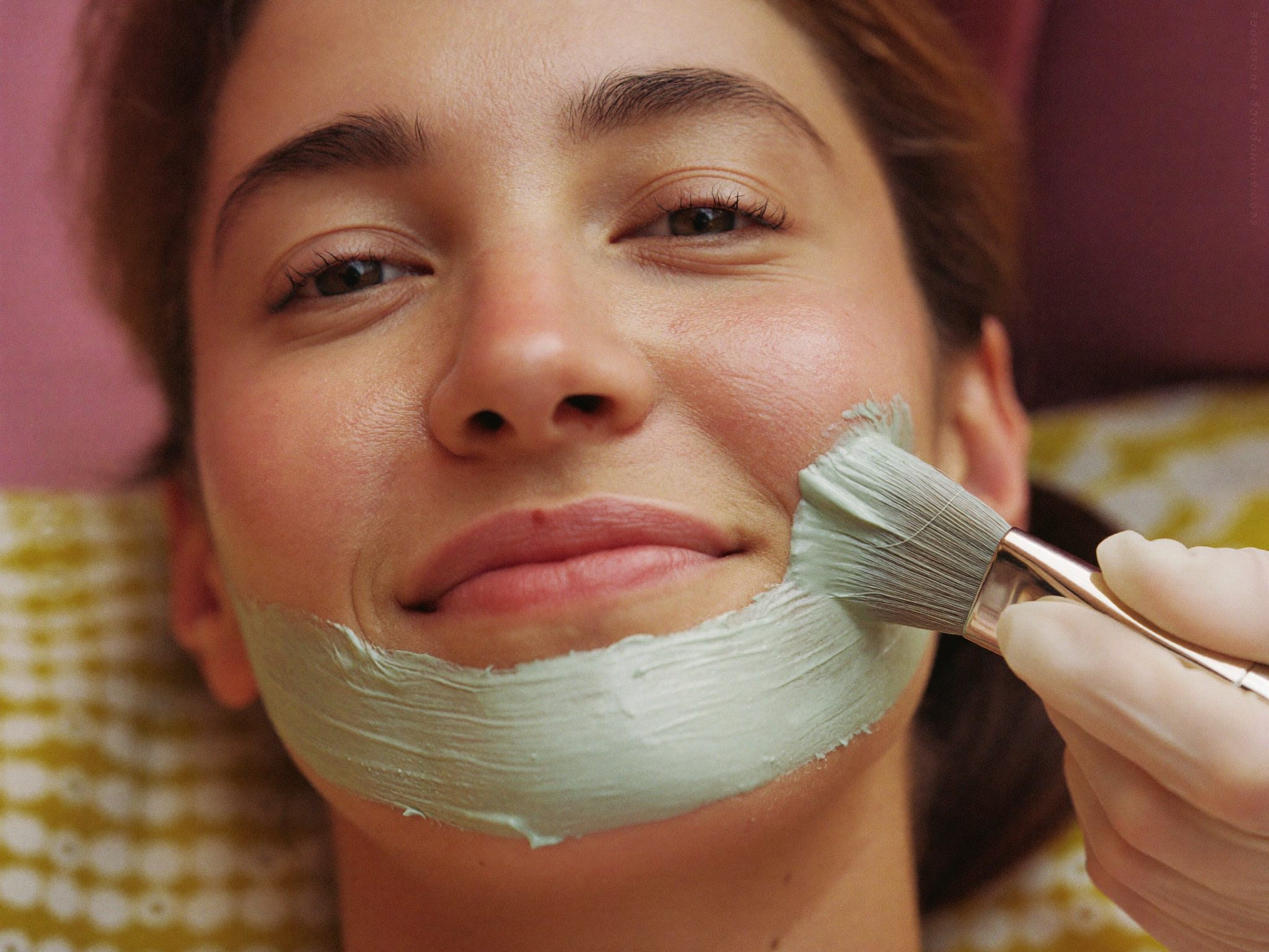 Esthetician applying a calming facial mask to redness-prone skin