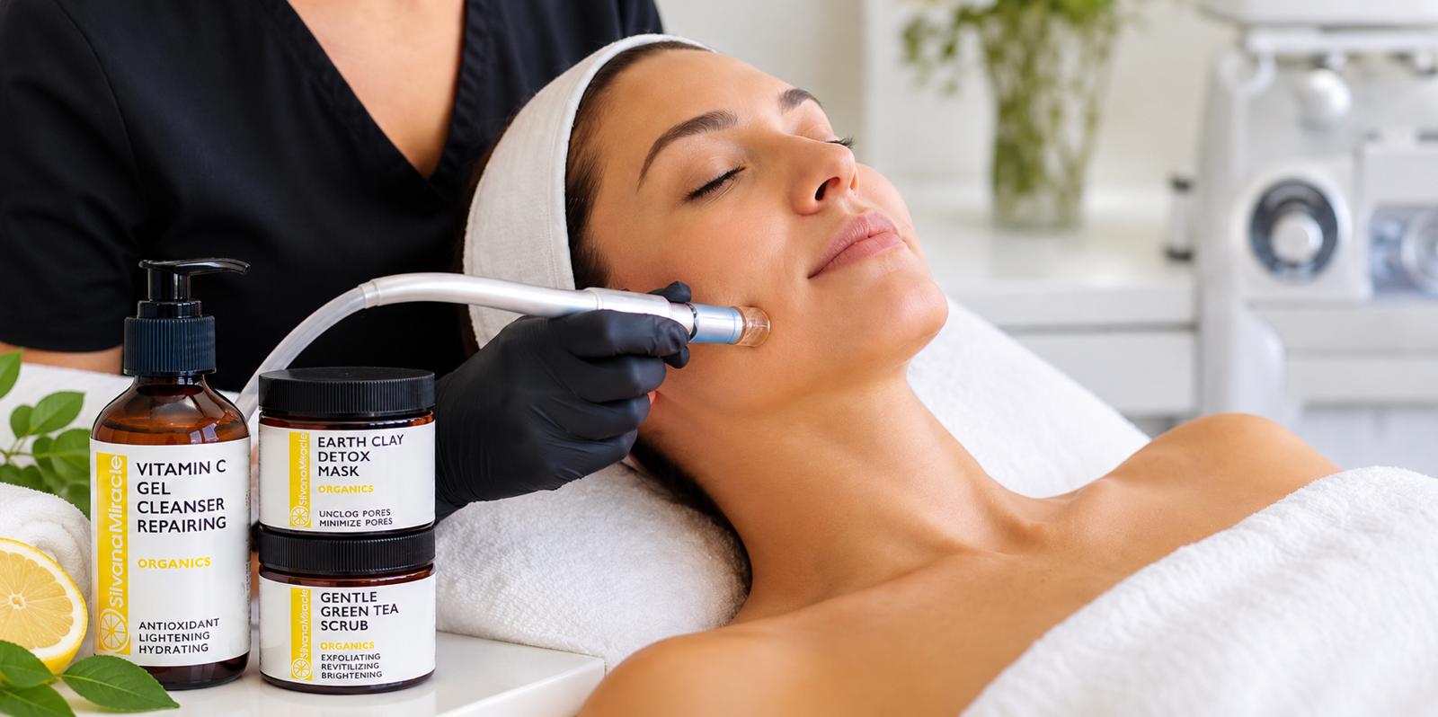 Esthetician using a microdermabrasion wand during a facial